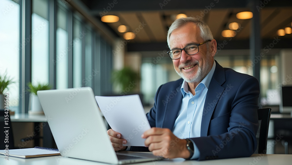Flat Vector of Happy Older Businessman Working on Laptop in Office Flat Vector of Happy Older Businessman Working on Laptop in Office