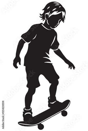 Boy ride skateboard vector silhouette illustration isolated on white background