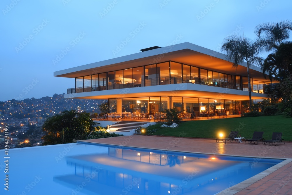 Fototapeta premium Contemporary two story house with a pool and city view