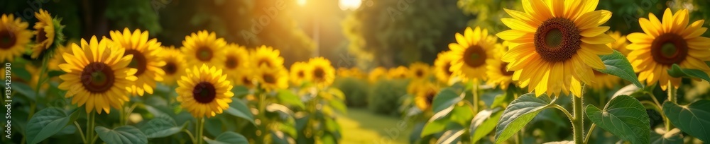 - Sunlit garden with blooming sunflowers and winding vines, whimsical, sunlit, sunflowers