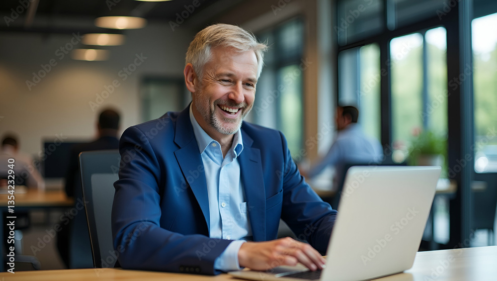Flat Happy smiling middle aged CEO businessman in blue suit sits at desk working on laptop in office laughing in workplace portrait concept as Happy smiling middle aged CEO businessman in blue suit si Flat Happy smiling middle aged CEO businessman in blue suit sits at desk working on laptop in office laughing in workplace portrait concept as Happy smiling middle aged CEO businessman in blue suit si