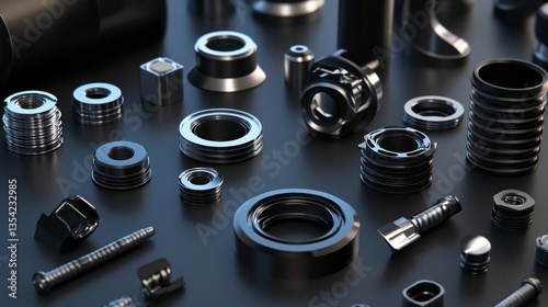 Industrial Components, various metal parts on dark background