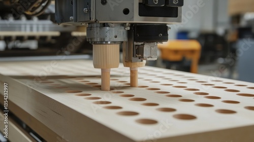 Industrial CNC router carving precise holes in wood panel;  manufacturing process in workshop photo