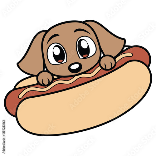 Cartoon Brown Dog with Big Eyes Peeking Over a Hotdog with Mustard Line Art
