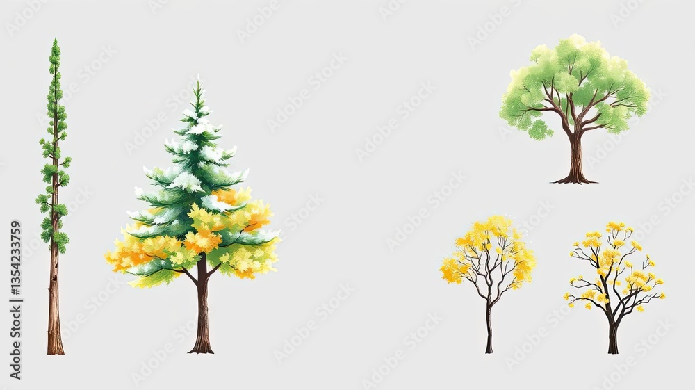 Fototapeta premium Seasonal Trees Nature Illustrations Spring Summer Autumn Winter