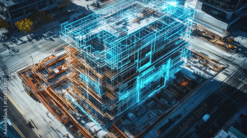 Construction site overlaid with digital building plan Construction site overlaid with digital building plan