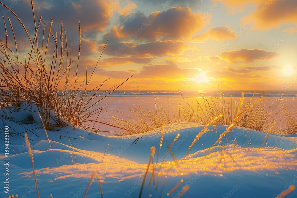 High Resolution Picture of Grasses in Snowy Dunes with Sea Sunset High Resolution Picture of Grasses in Snowy Dunes with Sea Sunset