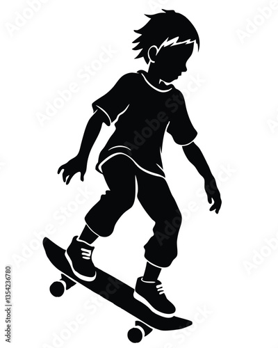Silhouette of a boy on a skateboard riding white background