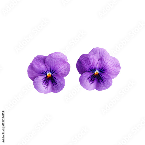 Two purple pansy flowers with rich colors and delicate patterns stand out against a clean white background, enhancing their natural beauty.