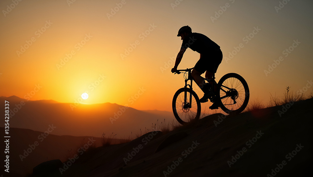 Stunning Silhouette of a Mountain Biker Riding on Rocks at Sunset: Capturing the Essence of Adventure, Outdoor Sports, and Nature's Beauty During Golden Hour - Perfect Photo Stock Concept with Empty S Stunning Silhouette of a Mountain Biker Riding on Rocks at Sunset: Capturing the Essence of Adventure, Outdoor Sports, and Nature's Beauty During Golden Hour - Perfect Photo Stock Concept with Empty S
