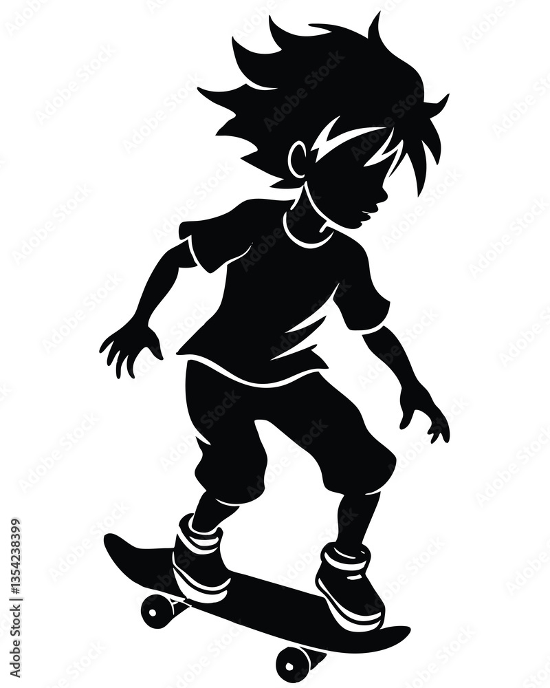 Boy ride skateboard vector silhouette illustration isolated on white background. Child play with favorite toy, outdoor summer activity. Skate board urban transportation. Son enjoy on street Boy ride skateboard vector silhouette illustration isolated on white background. Child play with favorite toy, outdoor summer activity. Skate board urban transportation. Son enjoy on street