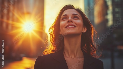rich successful hispanic businesswoman outside in modern urban street near tall skyscrapers looking ahead with vision for financial growth leadership success and new opportunities in global business