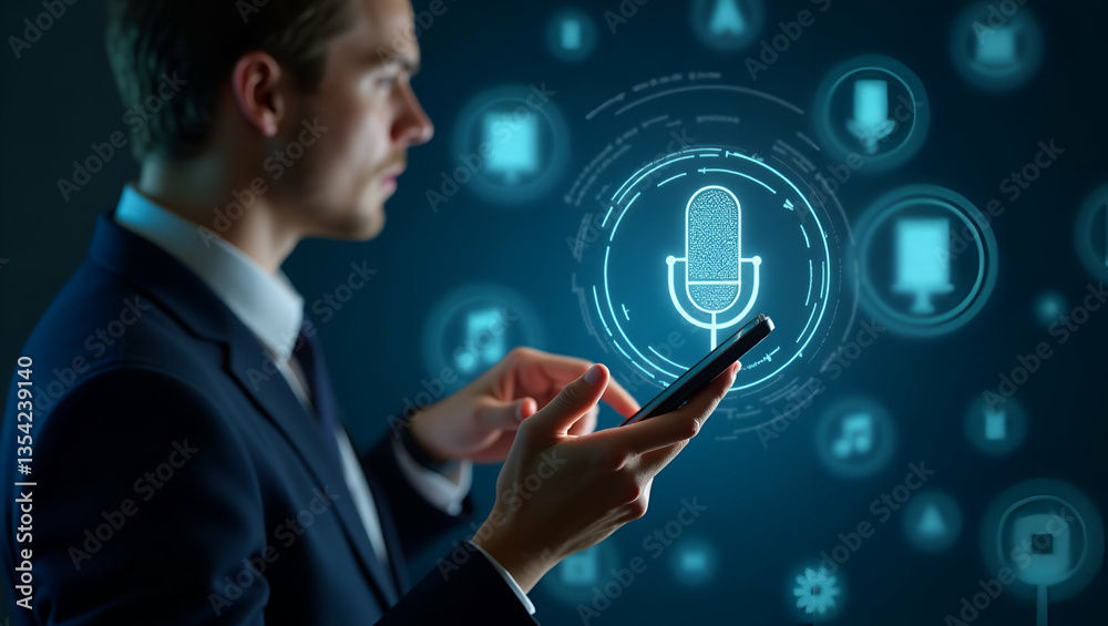 Flat Vector Illustration: Man Touching Microphone Icon on Smartphone for Voice Recording & AI Search Flat Vector Illustration: Man Touching Microphone Icon on Smartphone for Voice Recording & AI Search