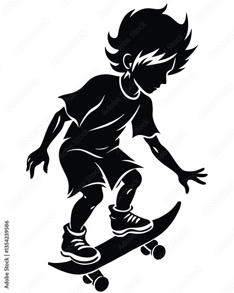 Fototapeta premium Black silhouette of a boy on skateboard on white background