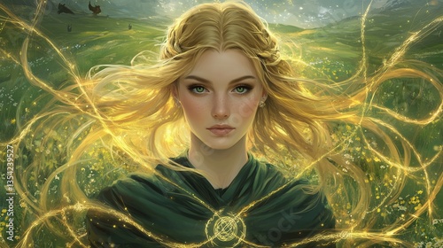 Ultra-high-definition, surreal digital painting: Irish goddess, golden hair, emerald eyes, Celtic symbols, mystical background
