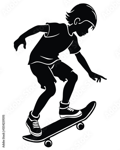 Black silhouette of a boy on skateboard on white background