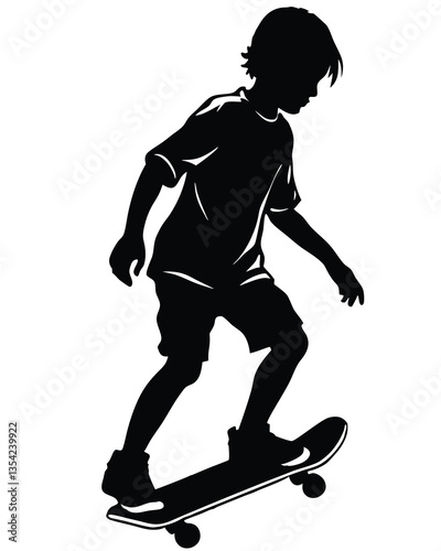 Black silhouette of a boy on skateboard on white background