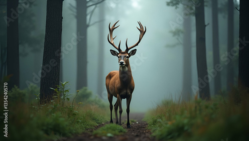Flat Sambar deer stands in misty evergreen rainforest depicts dramatic wildlife synergy lens approach underscores environment conservation brand invests in ecological stewarding concept as A regal dee