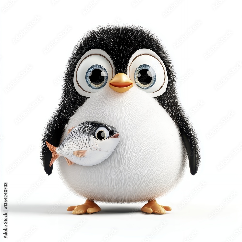 Fototapeta premium Adorable Cartoon Penguin Holding a Fish: A Charming Illustration for Children's Books and Greeting Cards