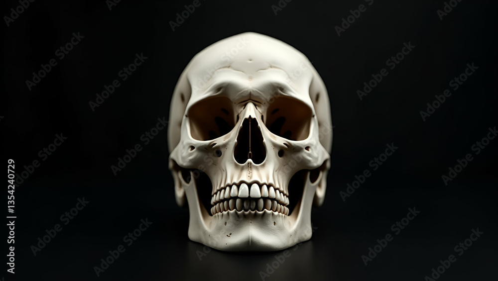 Flat Human Skull on Dark Background: A Spooky Halloween Aesthetic Merging Scary Death Style with Real Anatomy Education - Perfect for Thematic Branding and Seasonal Spooky Contexts Flat Human Skull on Dark Background: A Spooky Halloween Aesthetic Merging Scary Death Style with Real Anatomy Education - Perfect for Thematic Branding and Seasonal Spooky Contexts