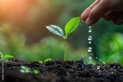 Ultra Quality Picture of Hand Watering a Young Sapling for Growth