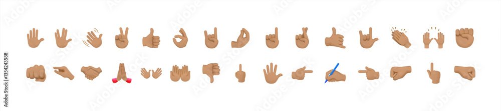 Fototapeta premium All hand emojis, stickers in all skin colors. Hand emoticons vector illustration symbols set, collection. Hands, handshakes, muscle, finger, fist, direction, like, unlike, fingers. Vector 10 eps.
