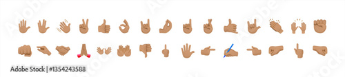 All hand emojis, stickers in all skin colors. Hand emoticons vector illustration symbols set, collection. Hands, handshakes, muscle, finger, fist, direction, like, unlike, fingers. Vector 10 eps.