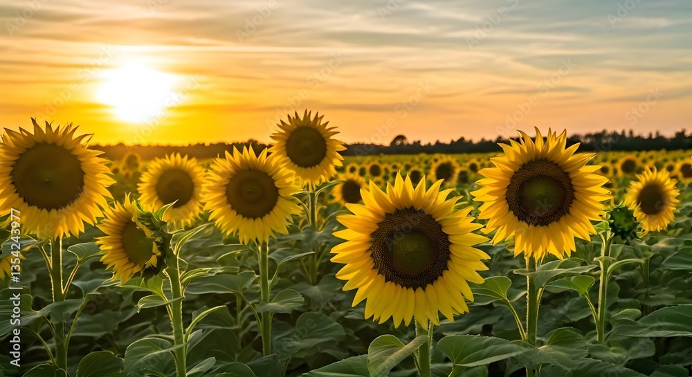 Fototapeta premium A sunflower field in full bloom under a golden summer sky, Ai Generated