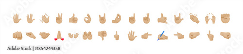 All hand emojis, stickers in all skin colors. Hand emoticons vector illustration symbols set, collection. Hands, handshakes, muscle, finger, fist, direction, like, unlike, fingers. Vector 10 eps.