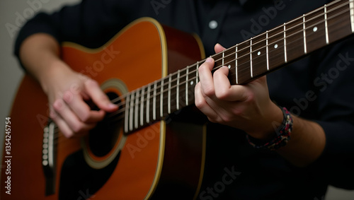 Flat Vector Illustration of a Man's Hands Skillfully Playing Guitar: Capturing Musical Expression & Intricate Finger Movements