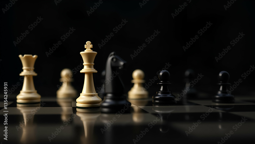 Flat King and Knight chess pieces arranged on dark background highlighting strategic roles and classic chess gameplay in sophisticated setting concept as King and Knight chess pieces on dark backgroun Flat King and Knight chess pieces arranged on dark background highlighting strategic roles and classic chess gameplay in sophisticated setting concept as King and Knight chess pieces on dark backgroun