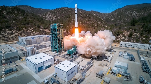 A rocket launching with fire and smoke into a blue sky