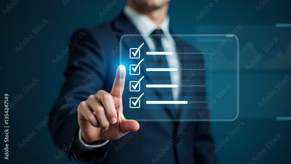 Professional Businessman Tracking Project Progress: Digital Checklist with Check Marks and Loading Bar for Effective Development Management - Stock Photo Concept Professional Businessman Tracking Project Progress: Digital Checklist with Check Marks and Loading Bar for Effective Development Management - Stock Photo Concept