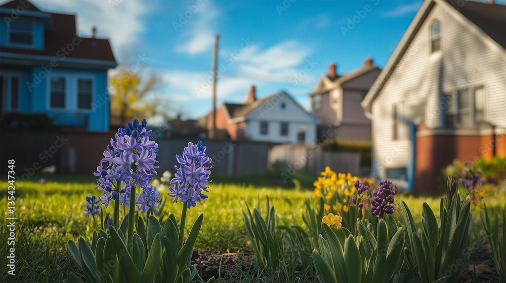 Obraz premium 小さな庭のヒヤシンスと春空が織りなす日常の彩り