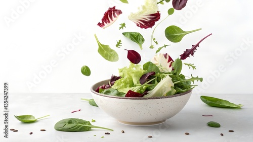 Fresh and Colorful Mixed Salad Greens – Floating Lettuce, Spinach, and Arugula in a Healthy Bowl