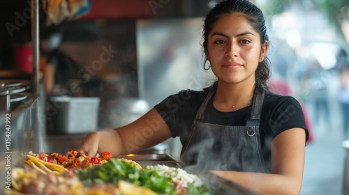 portrait of hardworking mexican woman cooking tacos at traditional street food stand symbolizing authentic cuisine cultural heritage and latin american culinary lifestyle in open market