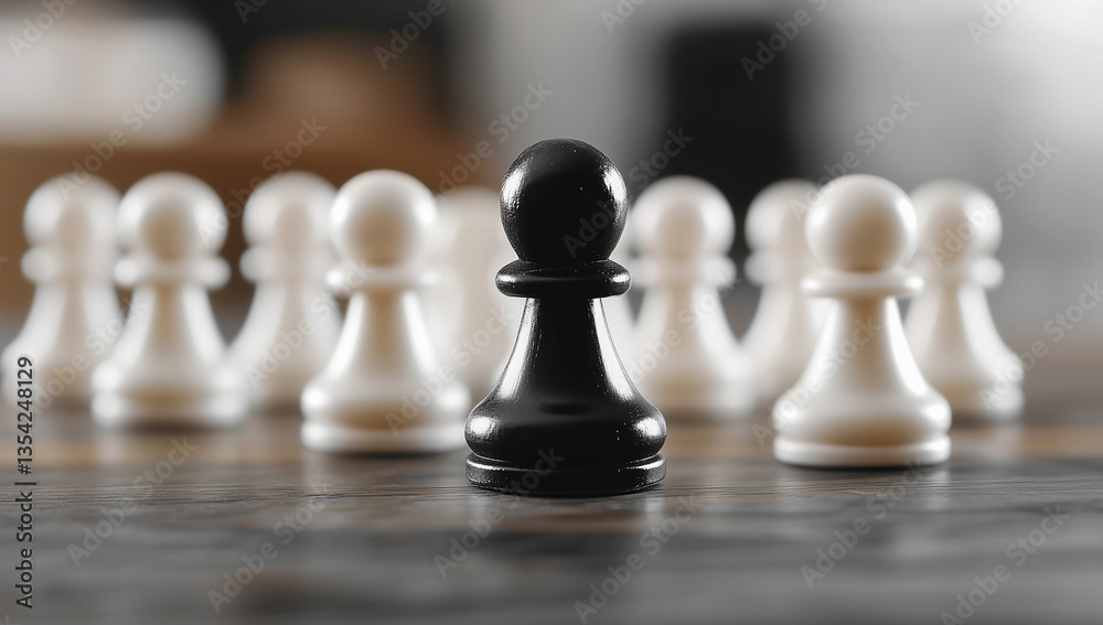 Unfolding strategy on a chessboard featuring a lone black pawn against a sea of white pieces during an intense match Unfolding strategy on a chessboard featuring a lone black pawn against a sea of white pieces during an intense match