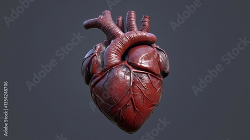 3D human heart model with detailed anatomical vessels, smooth polished surface, and realistic form, isolated on transparent background for educational purposes.