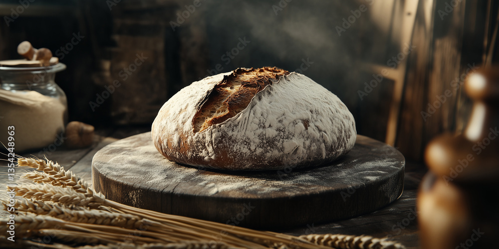 Obraz premium Rustic bread resting on a wooden board surrounded by ingredients in a warm kitchen atmosphere