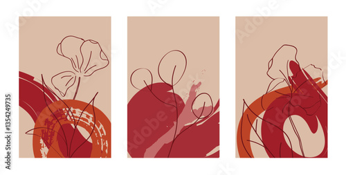 Minimalist Abstract Cards Featuring Earthy Tones and Botanical Designs. 
