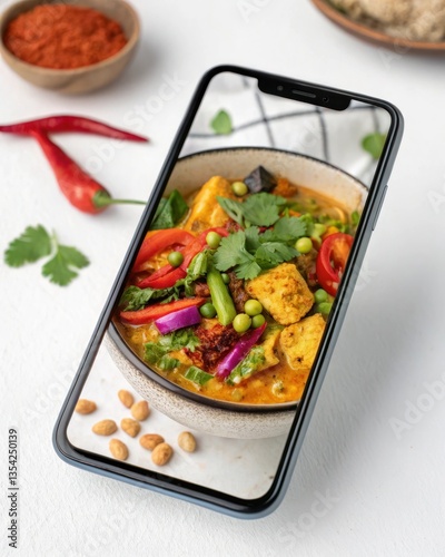 a vibrant display of a mobile phone showcasing a delicious vegetarian curry, accompanied by chili peppers, spices, and nuts. The scene exudes a sense of culinary delight