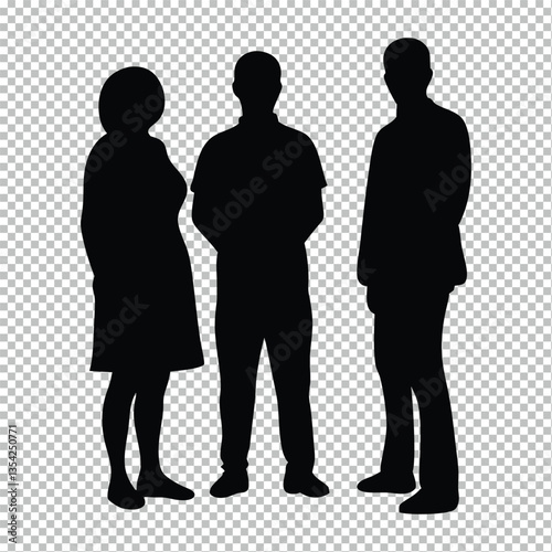 silhouettes, three people standing, business attire, professional poses, black and white, transparent background, vector style, minimalist design, corporate illustration, team concept