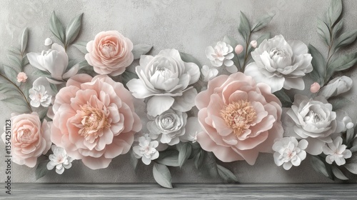3D peony floral composition with a mix of pink and white blooms, arranged on an old grey wooden table, natural petal textures, soft lighting, clean edges, and charming and sophisticated design.