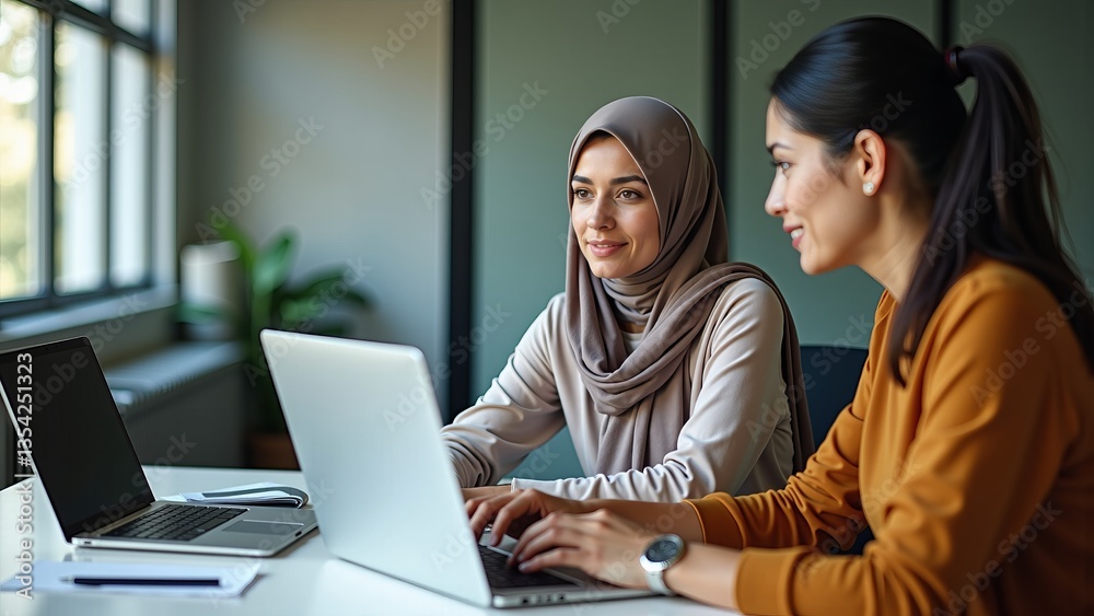 Two women working together on laptops in a modern office setting. Two women working together on laptops in a modern office setting.
