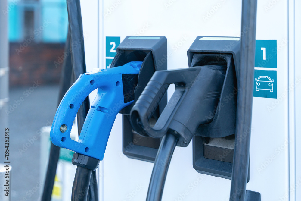 Fototapeta premium Electric and conventional fuel dispensers at a modern filling station during daytime with clear sky
