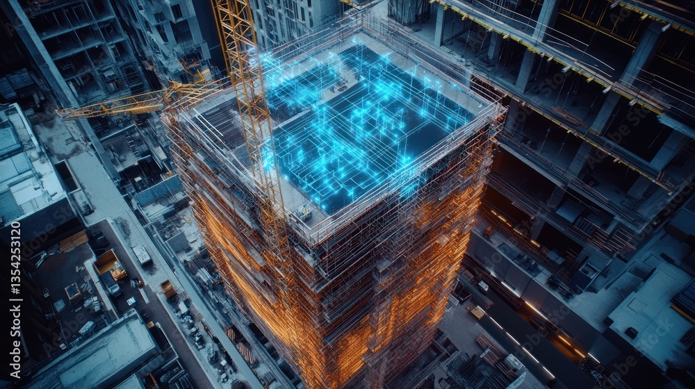 City skyscraper construction with digital overlay City skyscraper construction with digital overlay