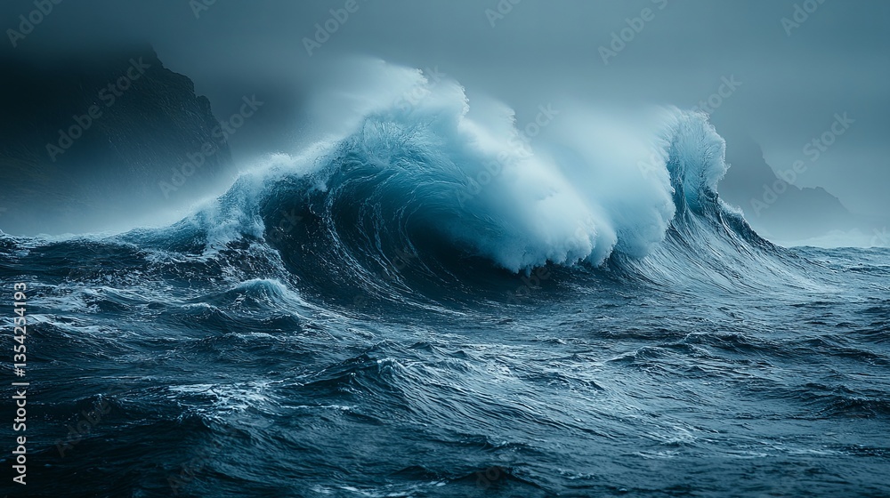 Naklejka premium Majestic glacier calving dramatically into ocean, dynamic frozen waves crashing powerfully amidst misty atmosphere