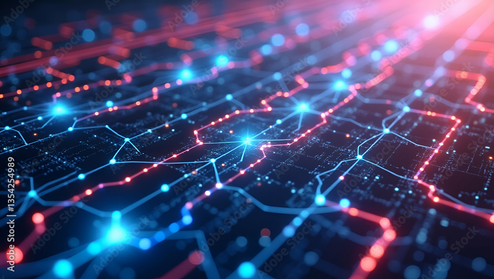 Futuristic Flat Illustration of Neon Nodes on Cyber Grid Design Futuristic Flat Illustration of Neon Nodes on Cyber Grid Design