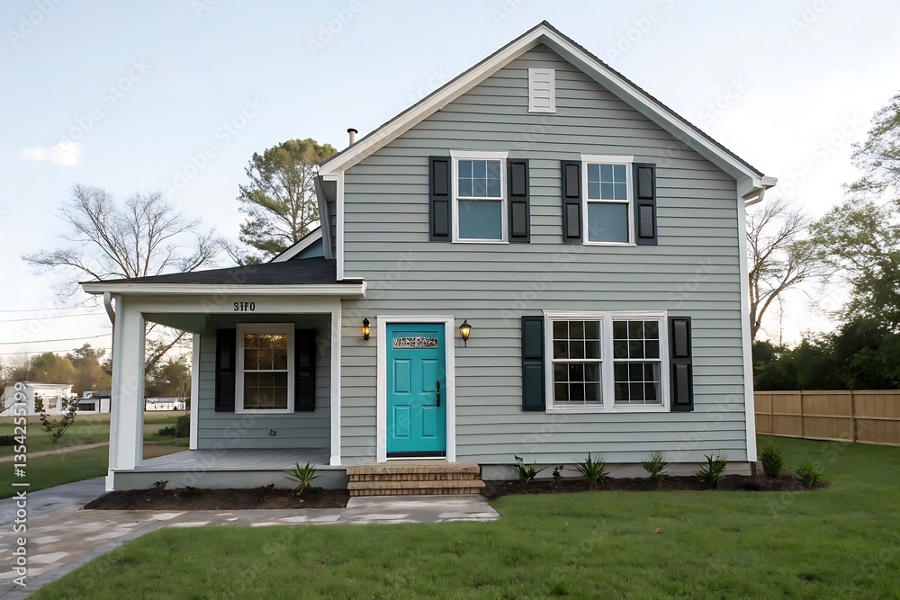 A gray ranch style model Hedges around modern house A gray ranch style model Hedges around modern house