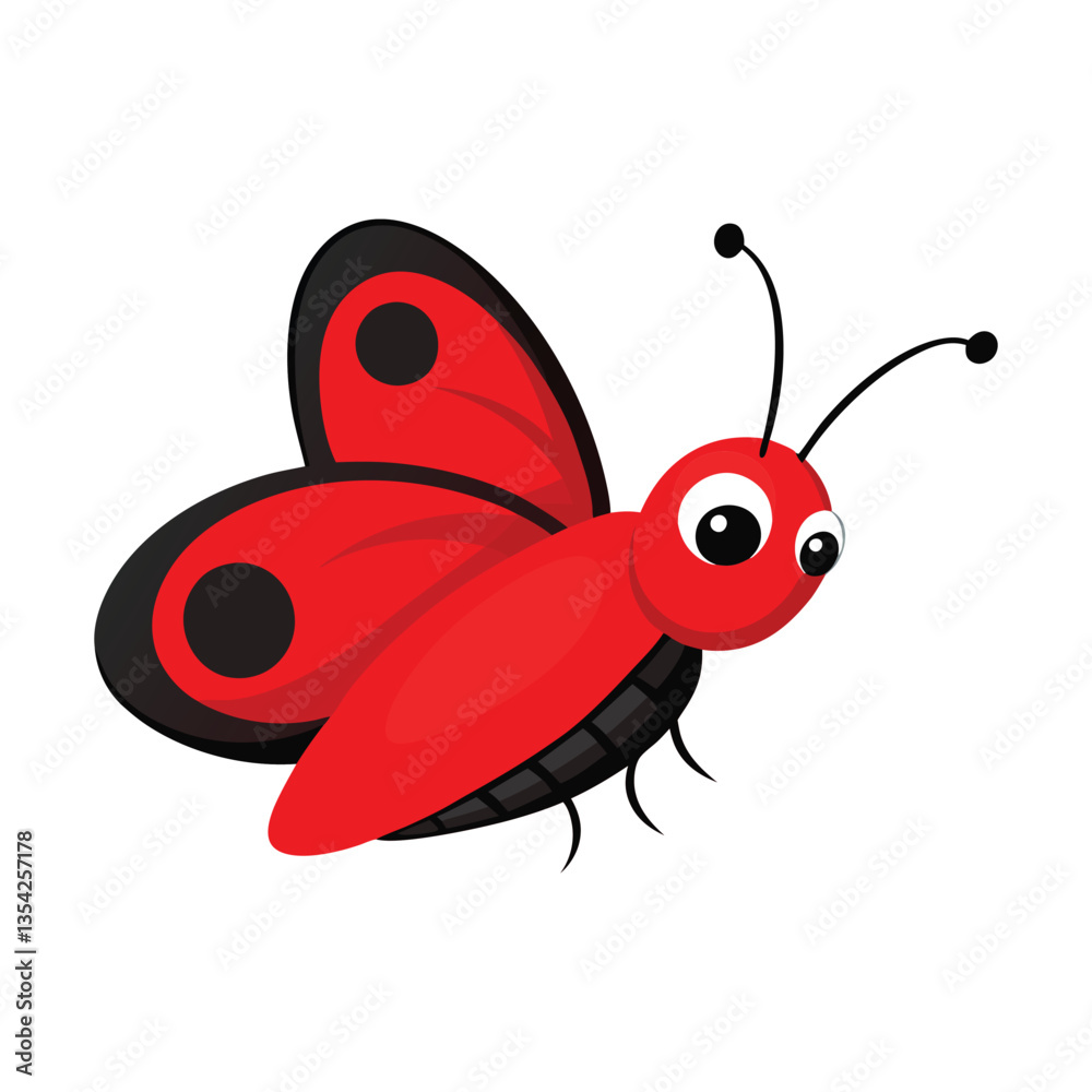 Fototapeta premium Vector illustration of a cute cartoon red butterfly with insects and bugs in nature colorful